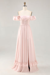 Schulterfreies Blush Rüschen A Linie Brautjungfernkleid mit Schlitz